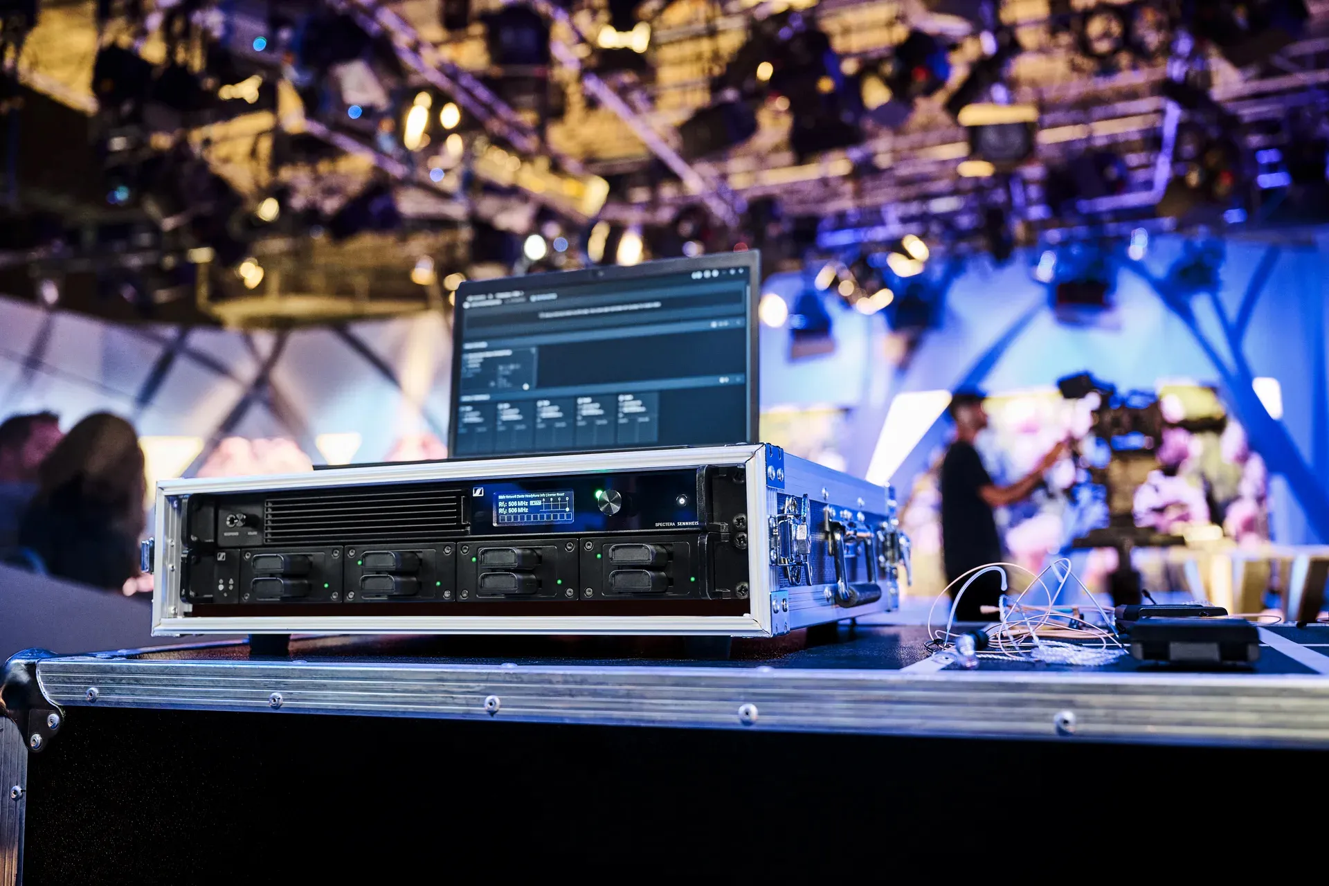 Sennheiser Spectera wireless rack unit on a flight case, on set at a live production